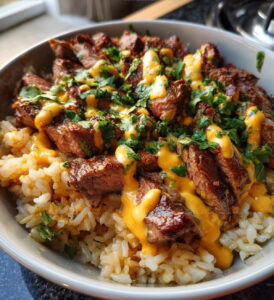 Cheesy Tex Mex Steak Queso Rice Recipe