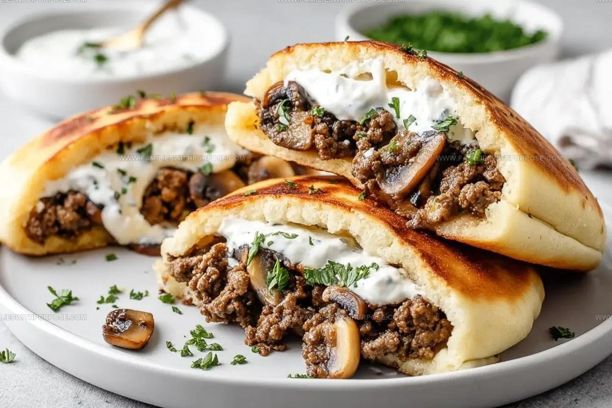 Cheesy Skillet Beef And Mushroom Pita Pockets Recipe