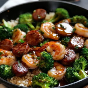 Family-Style Honey Garlic Shrimp Sausage Broccoli Recipe