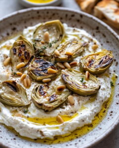 Lemon Whipped Ricotta With Charred Artichokes And Pine Nuts Recipe