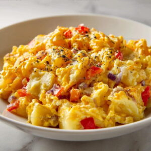 Loaded Breakfast Cheesy Potato Egg Scramble Recipe
