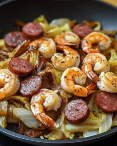 One-Skillet Fried Cabbage With Shrimp Sausage And Bacon Recipe