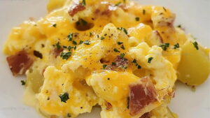 Cheesy Breakfast Potato Egg Scramble Recipe