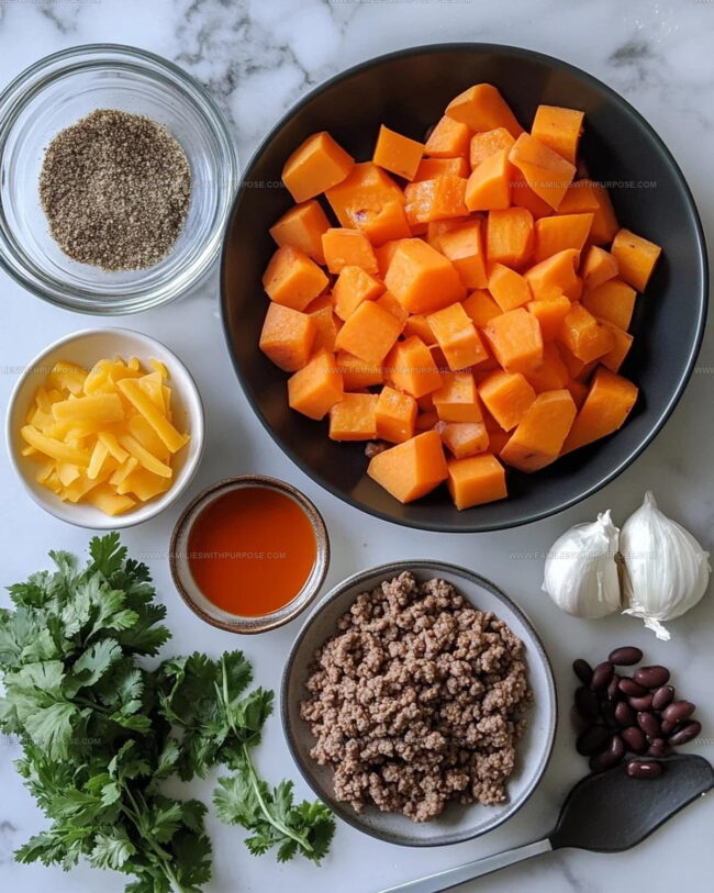 All Ingredients Needed for Ground Beef Sweet Potato Skillet