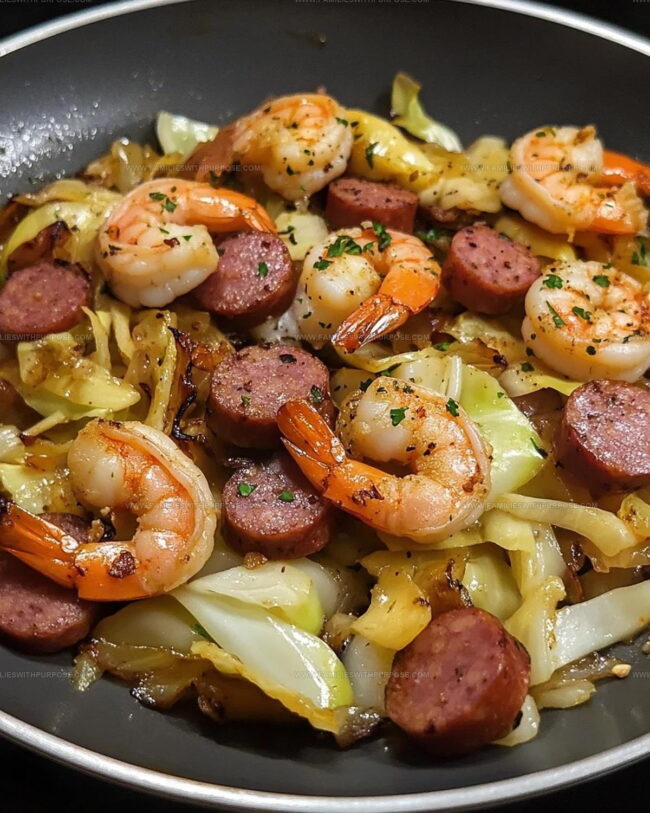 Cozy Highlights Of Fried Cabbage with Shrimp, Sausage & Bacon