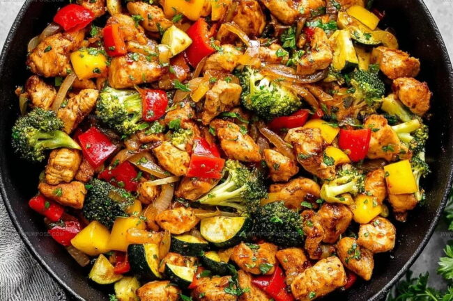 Preparing Chicken and Vegetables Skillet Step by Step
